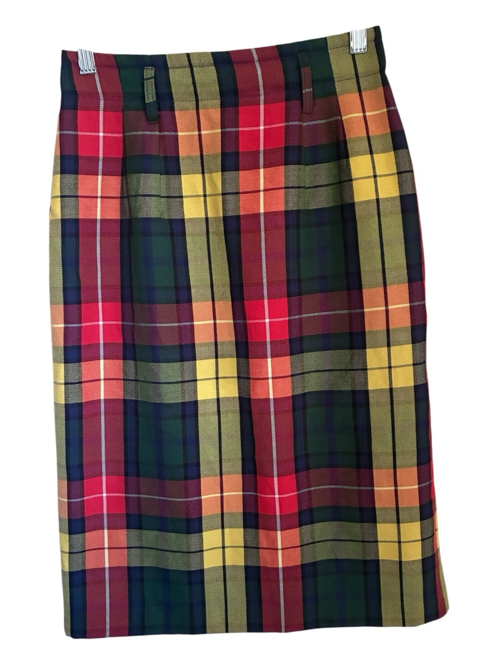 Vintage Academia 80s Preppy Red Yellow & Green Tartan Plaid Pencil Skirt Sz 2